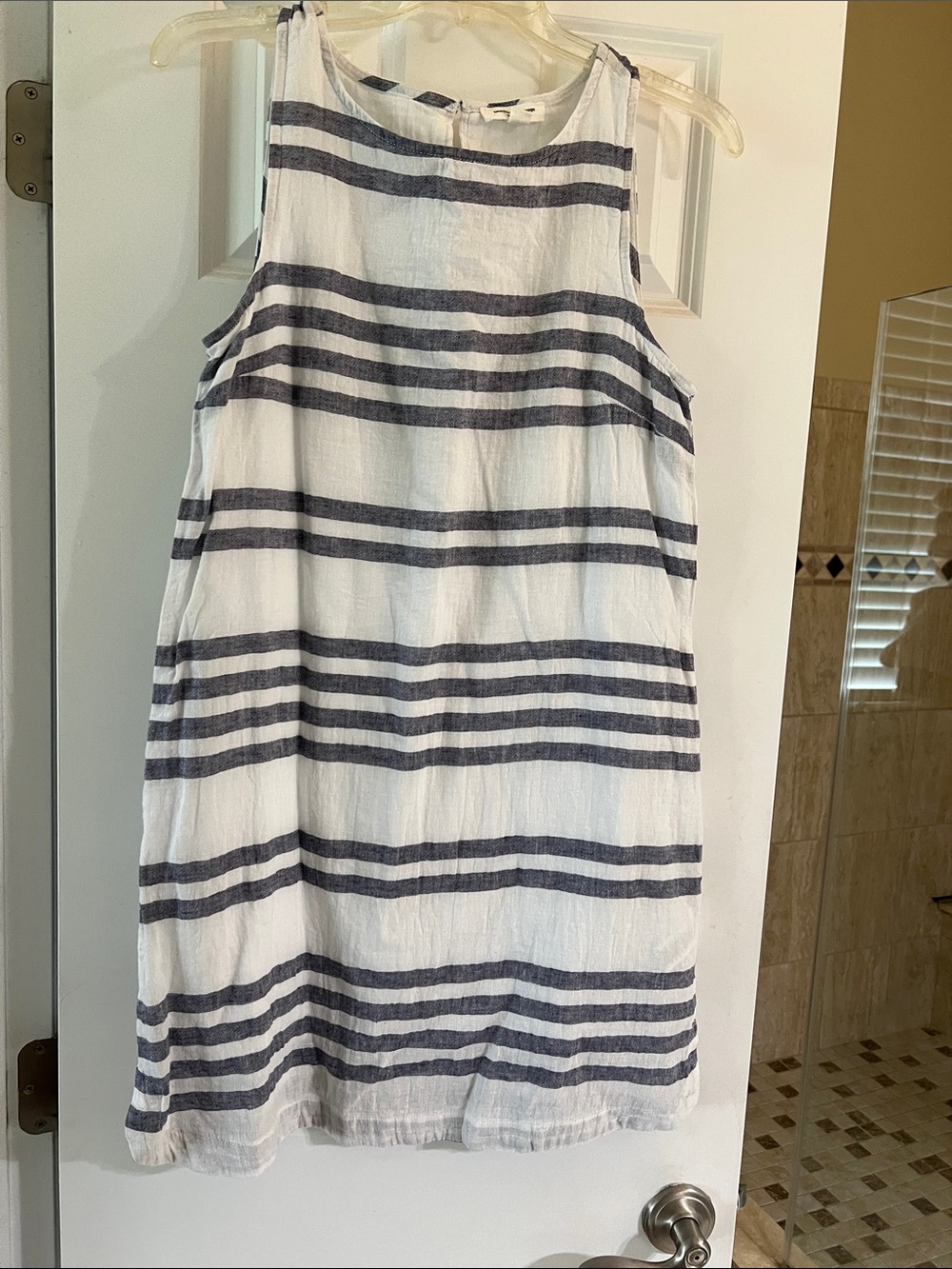 beachlunchlounge White and Navy Striped Sleeveless Shift Dress